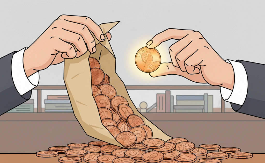 A collector discovering valuable Canadian pennies inside a rolled coin wrapper