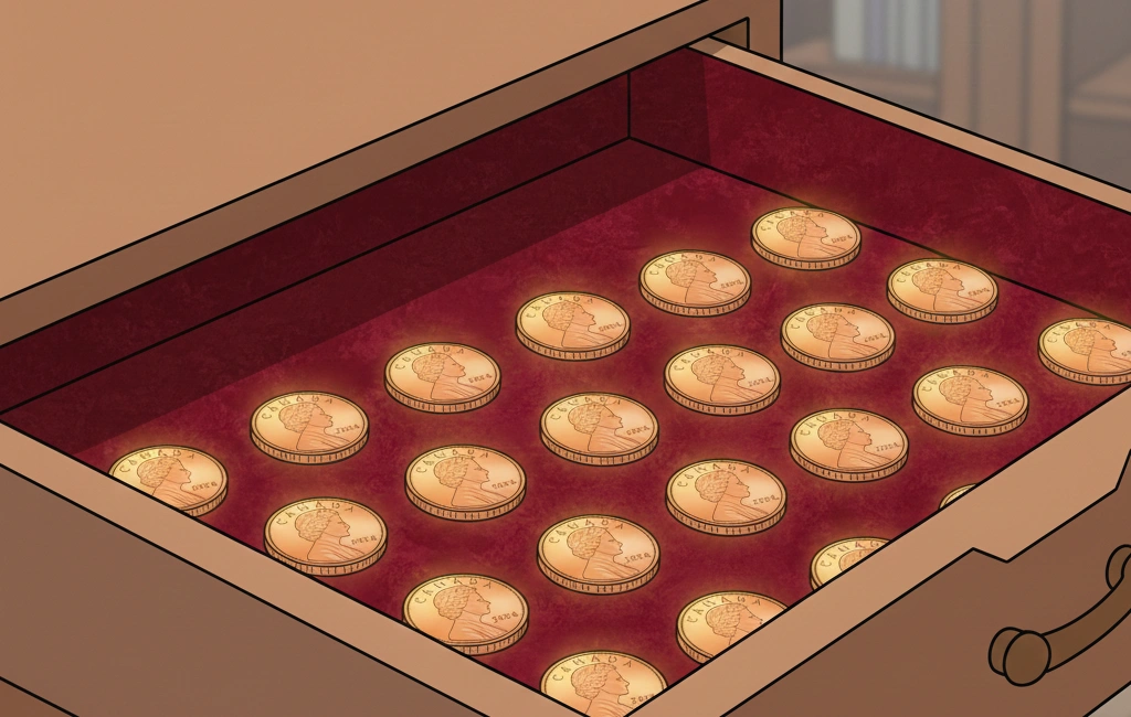 Valuable Canadian pennies arranged on velvet inside a collector’s drawer