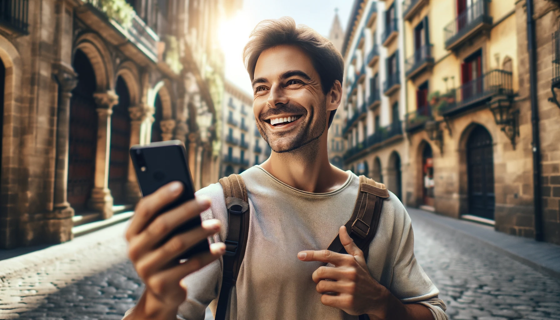 a smiling traveler standing in a picturesque foreign city street, holding and looking at a smartphone with evident joy and curiosity.
