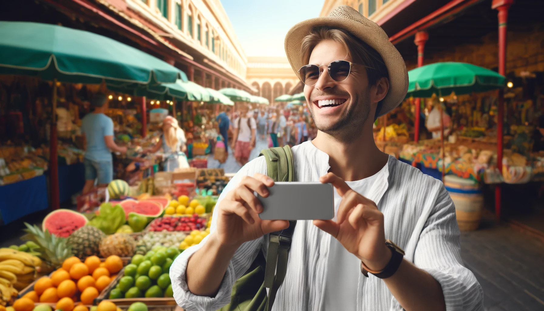 a joyful traveler in an exotic marketplace abroad, using a smartphone to capture the moment.