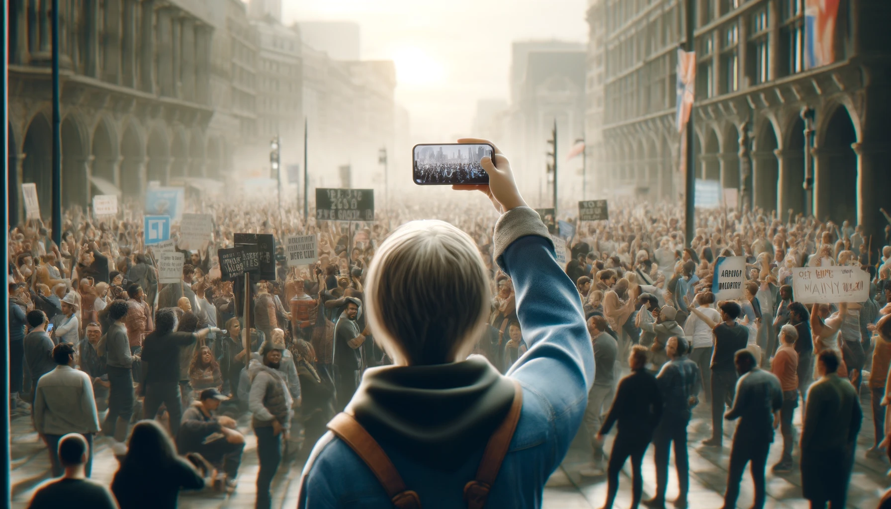 a young activist in a crowded public square, holding up a smartphone to live stream a peaceful protest.