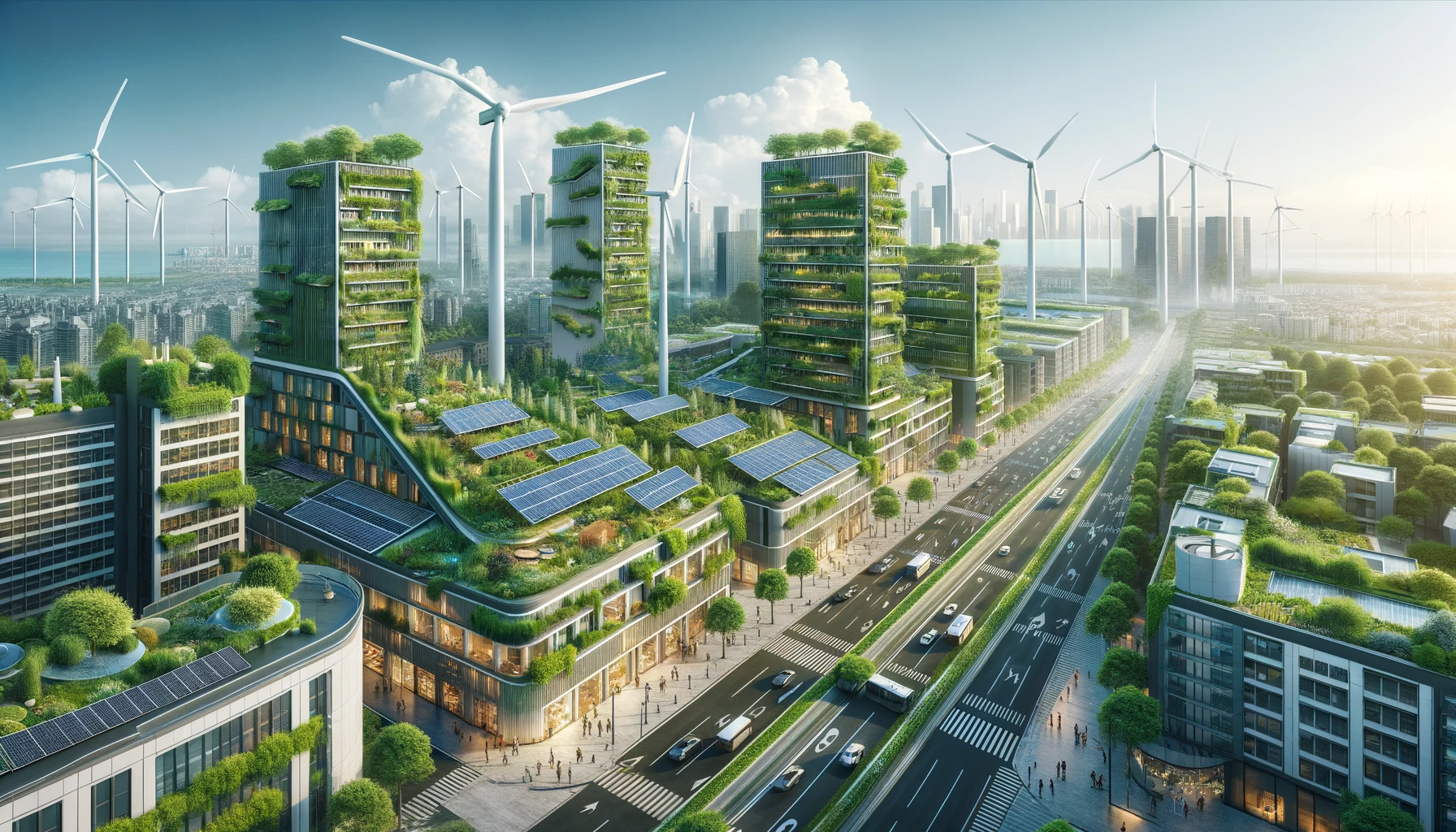 a modern cityscape incorporating green technologies, showcasing solar panels on rooftops, wind turbines in the distance, and lush vertical gardens on building exteriors.