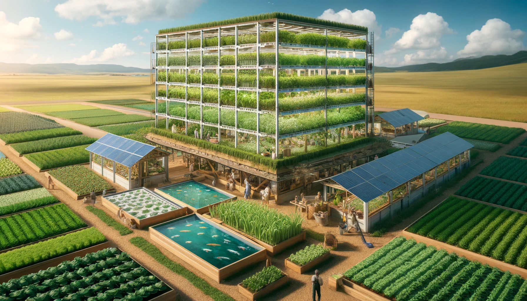a sustainable farm, highlighting innovative agricultural practices such as vertical farming, aquaponics, and solar-powered irrigation systems.