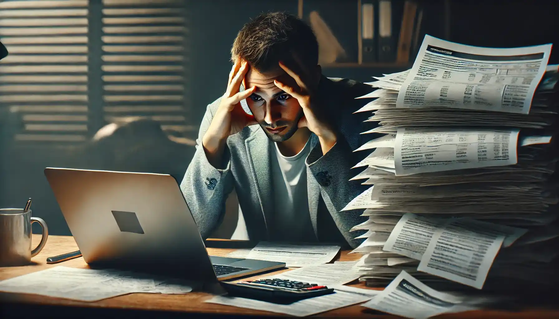 A frustrated man is sitting at a desk with his laptop open and trying to pay for all these unpaid bills and tax documents next to him on the table.