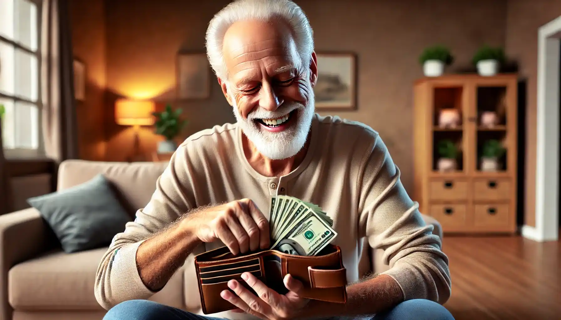 A happy retired man is sitting in a cozy home, joyfully looking into his wallet, which is thick and full of cash.