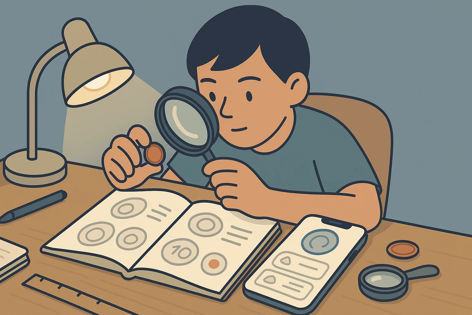 A beginner is studying a coin under bright light.