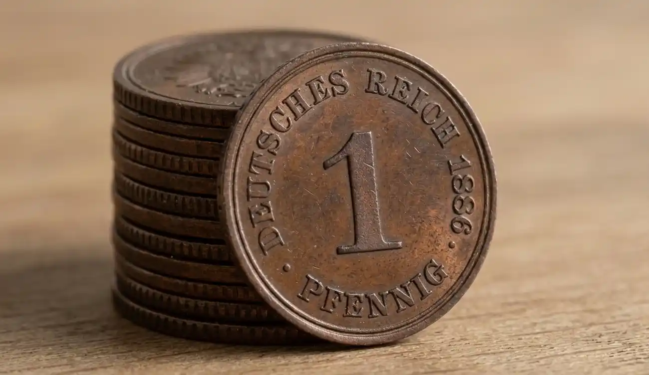 Close-up of stacked pfennig coins